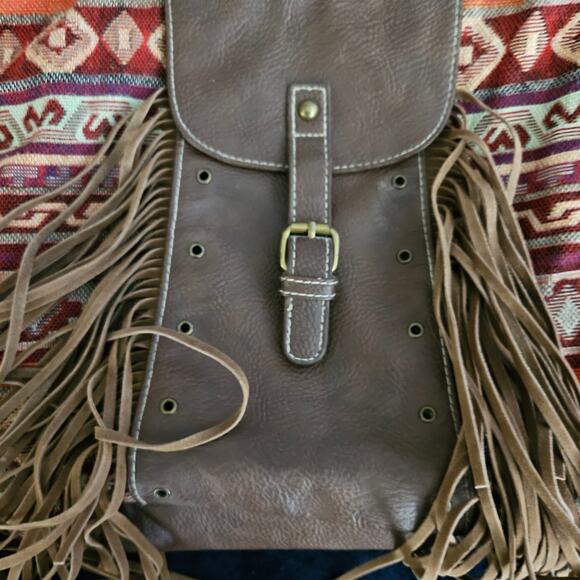 Unionbay Boho Fringe Crossbody Bag Southwest Aztec Pattern Brown Faux Leather - Picture 2 of 5